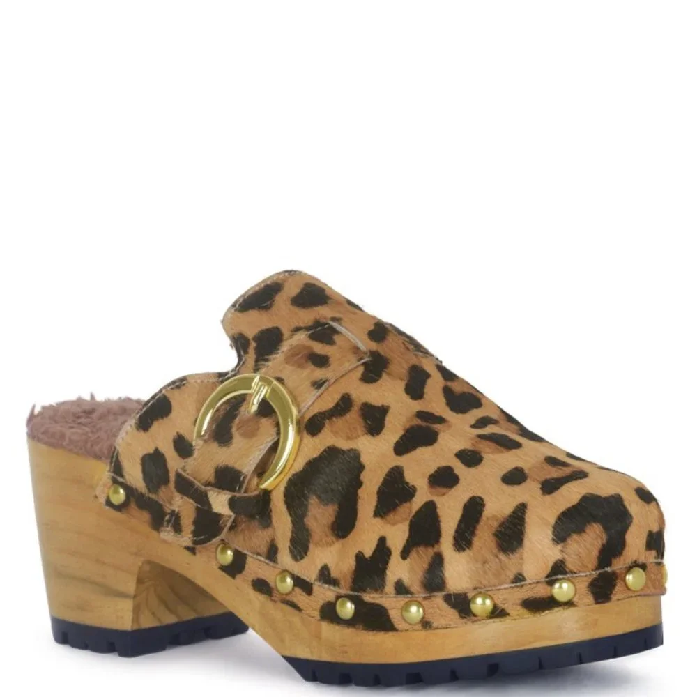 PRUNUS BUCKLED SUEDE ROUND TOE MULE CLOGS Leopard - Picture 2 of 7